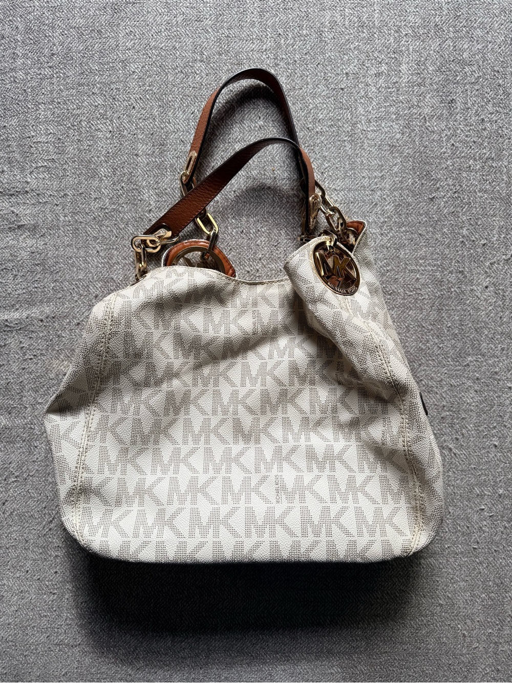 Michael Kors Cream MK Logo Shoulder Tote with Brown Leather Straps